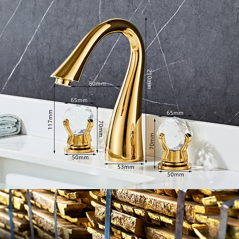 Imagem -02 - Ellen Luxo Soild Latão Ouro Faucet Banheiro Golden Swan Torneiras Duplo Crystal Handle Três Buraco Lavatório Torneira Misturador Elf1513g