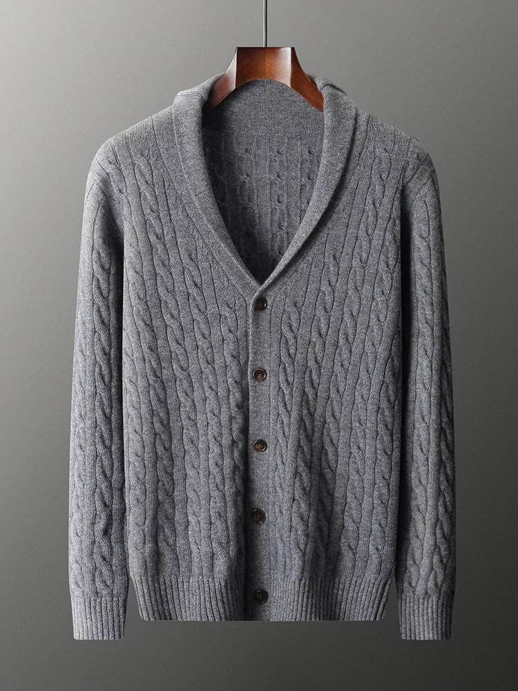 

TLOML Autumn Winter Thick Men 100% Cashmere Sweater V-neck Buttons Cardigan Classical Smart Casual Cashmere Knitwear Comfy Tops