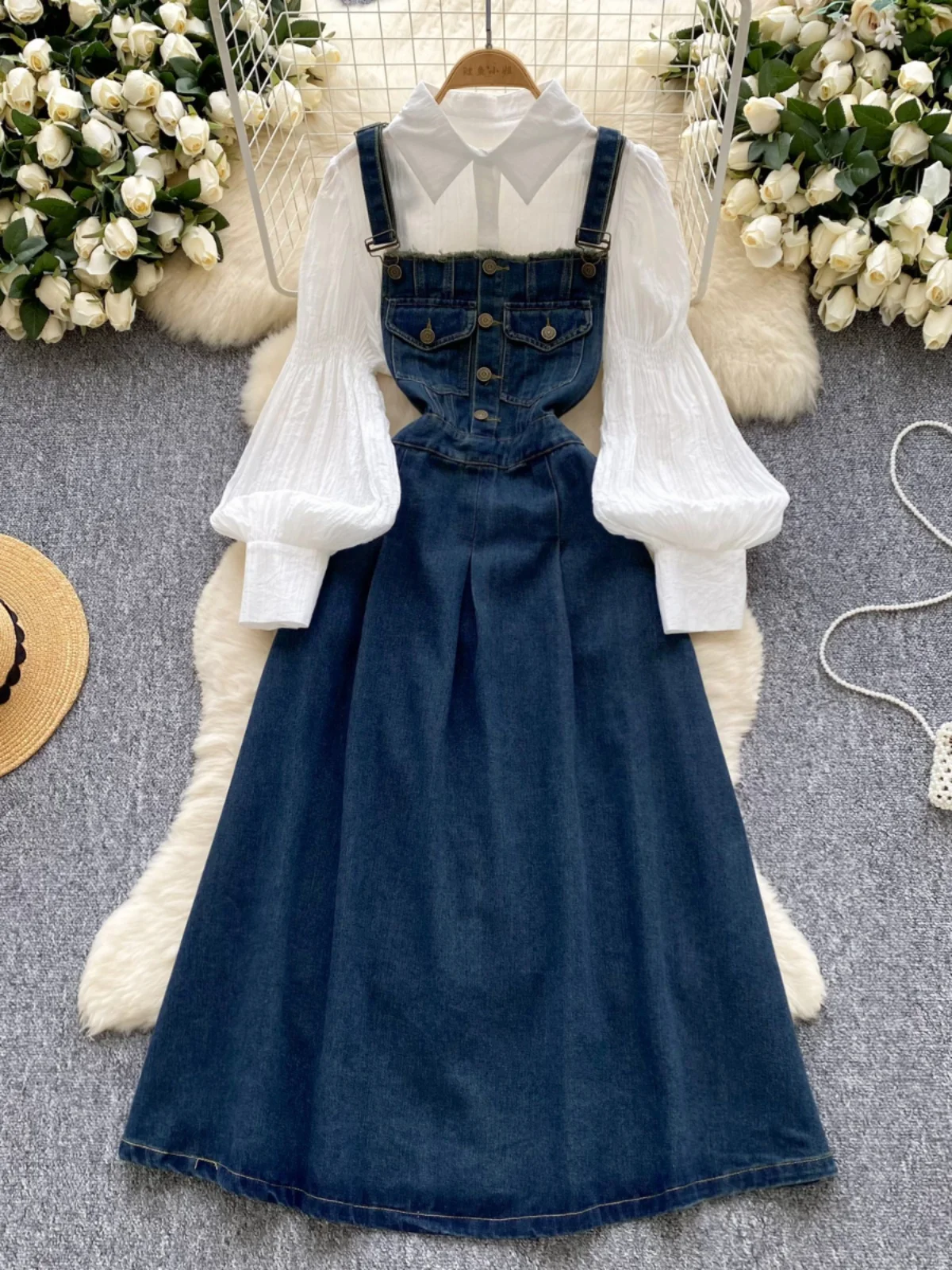 

Women's White Shirt Blue Denim 2PC Set Spring Soild Color Puff Sleeves Design Blouse Vintage Cutout Pinafore Ankle Length Skirts