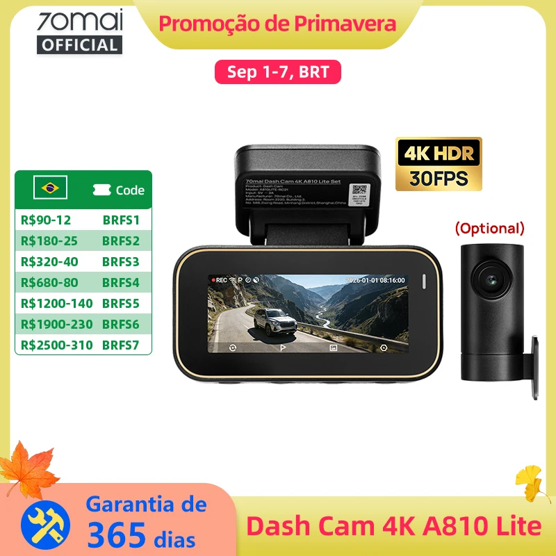 Câmera Veicular 70mai A810 Lite 4K HDR + 1080P, Supercapacitor 4G LTE Controle Remoto Wi-Fi 6 GPS Controle por Voz DVR para Carro 70mai A810 Lite