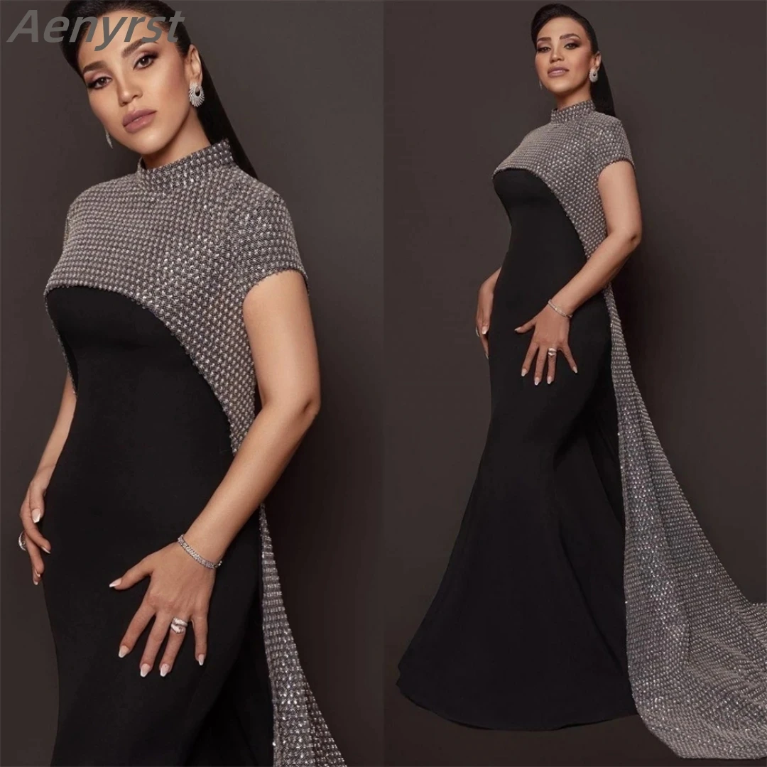 

Elegant High Collar Evening Dress Short Sleeves Sequined Prom Party Gown Long Mermaid Formal Occasion Gowns Vestidos Para Mujer