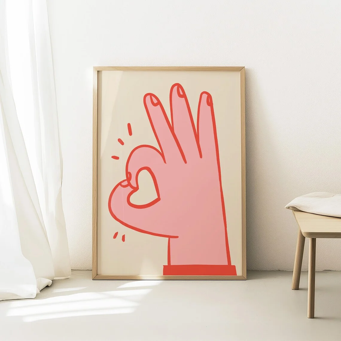 Minimalist Pink OK Hand with Heart Wall Decor Print - Cute, Trendy Line Art of a Pink Hand Making an "OK" Gesture, with a Heart