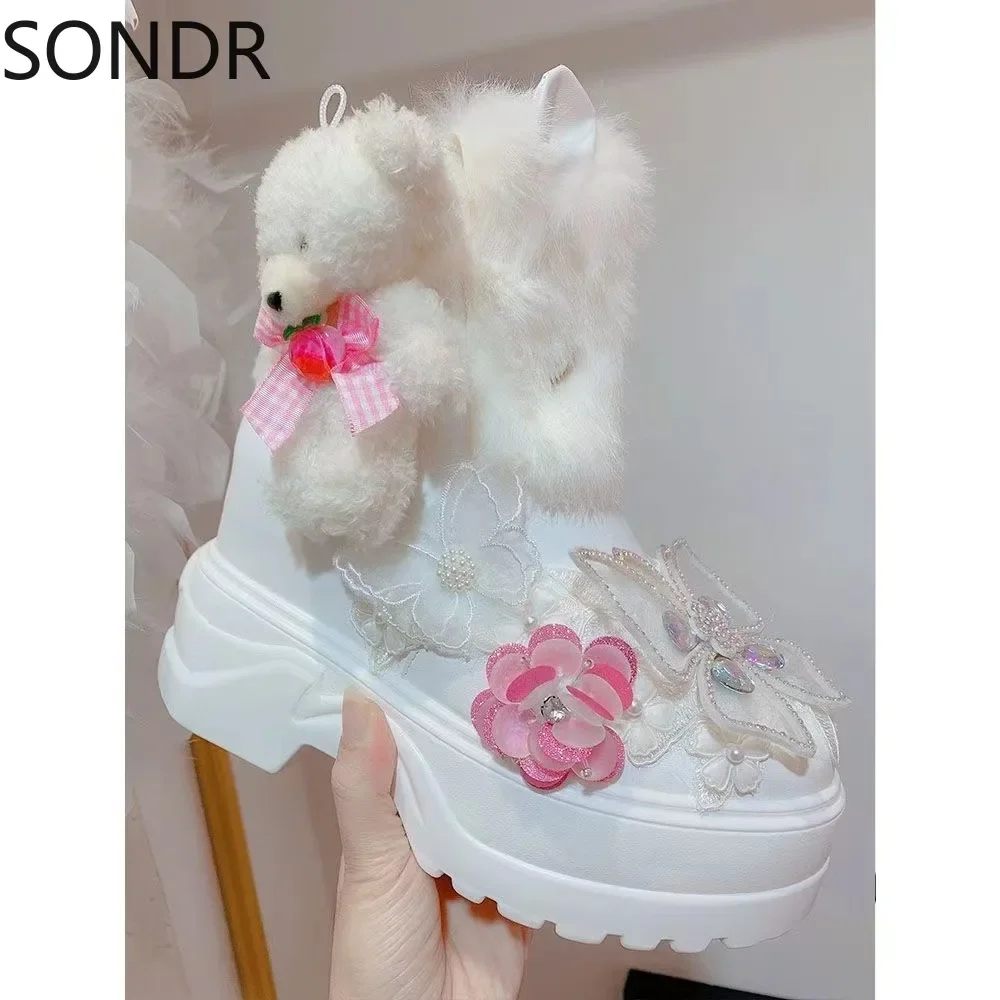 

Женские полусапожки на платформе с искусственным жемчугом и цветами, теплые зимние ботинки на толстой подошве «сделай сам», подарок на Рождество, новинка 2024