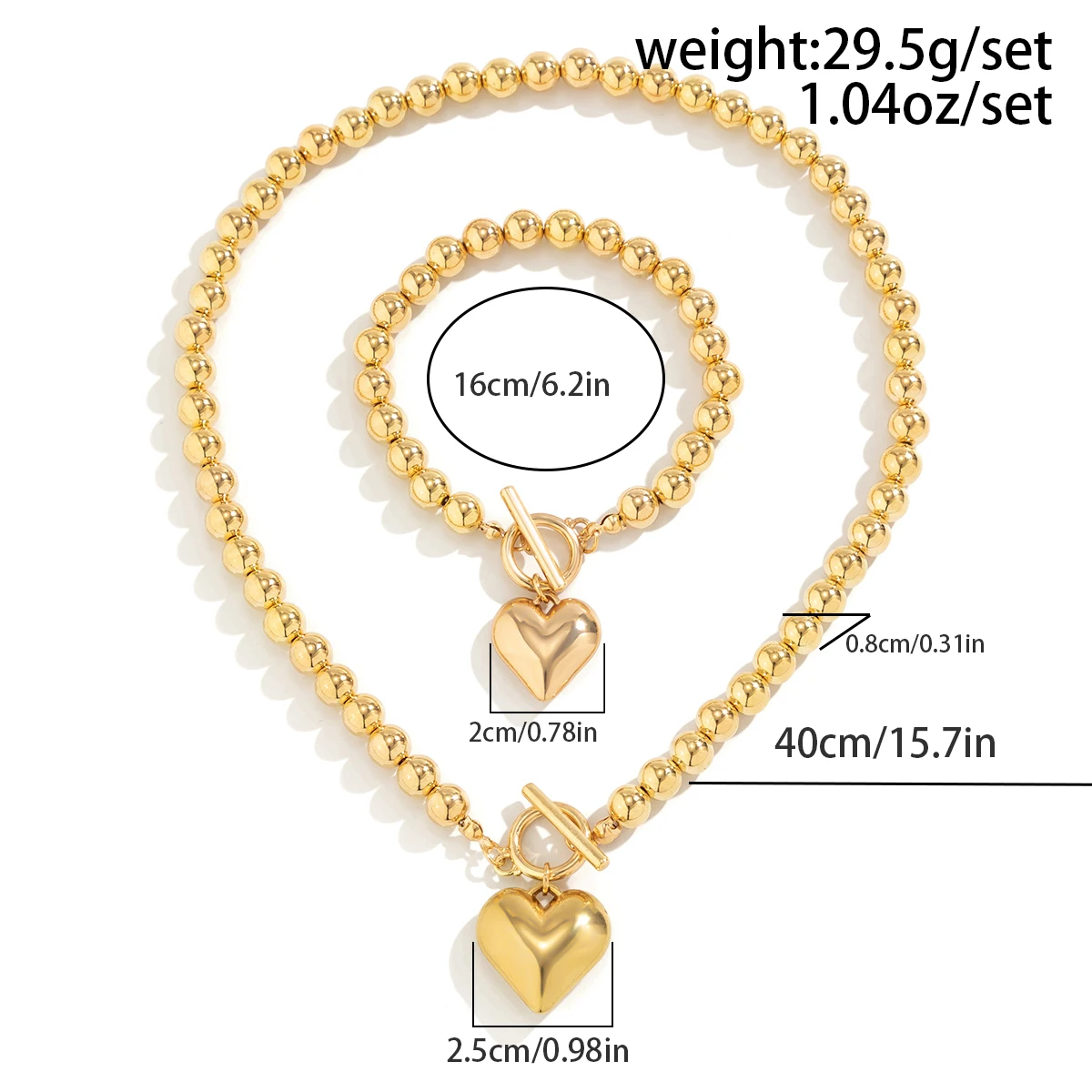 2Pcs Creative Punk Big Love Heart OT Buckle Pendant Choker Necklace Women Vintage CCB Beads Chain Bracelets Grunge Jewelry Set — zdjęcie 5
