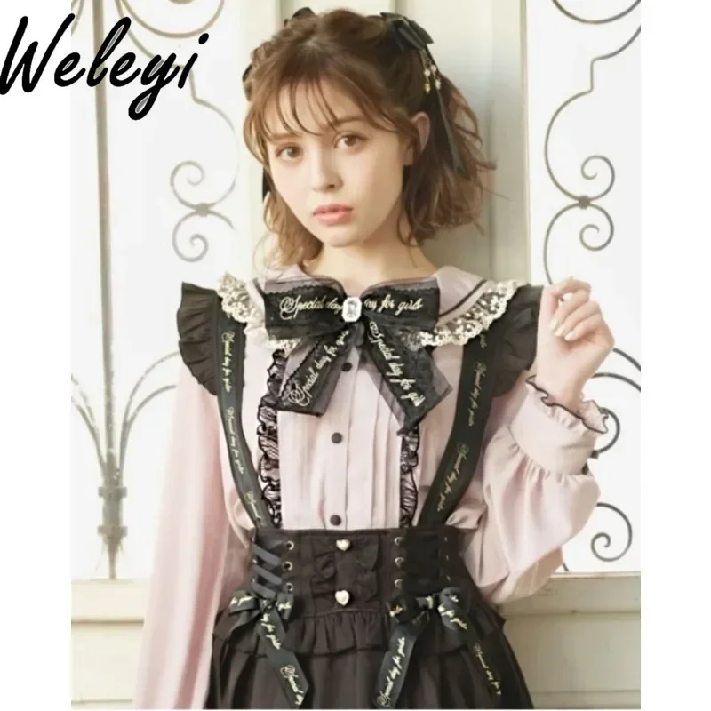 

Kawaii Alphabet Strap Skirt Matching Lolita Shirt Japanese Fashion Streetwear New Cute Short Sleeve Bow Lace Shrinkle Mine Blusa