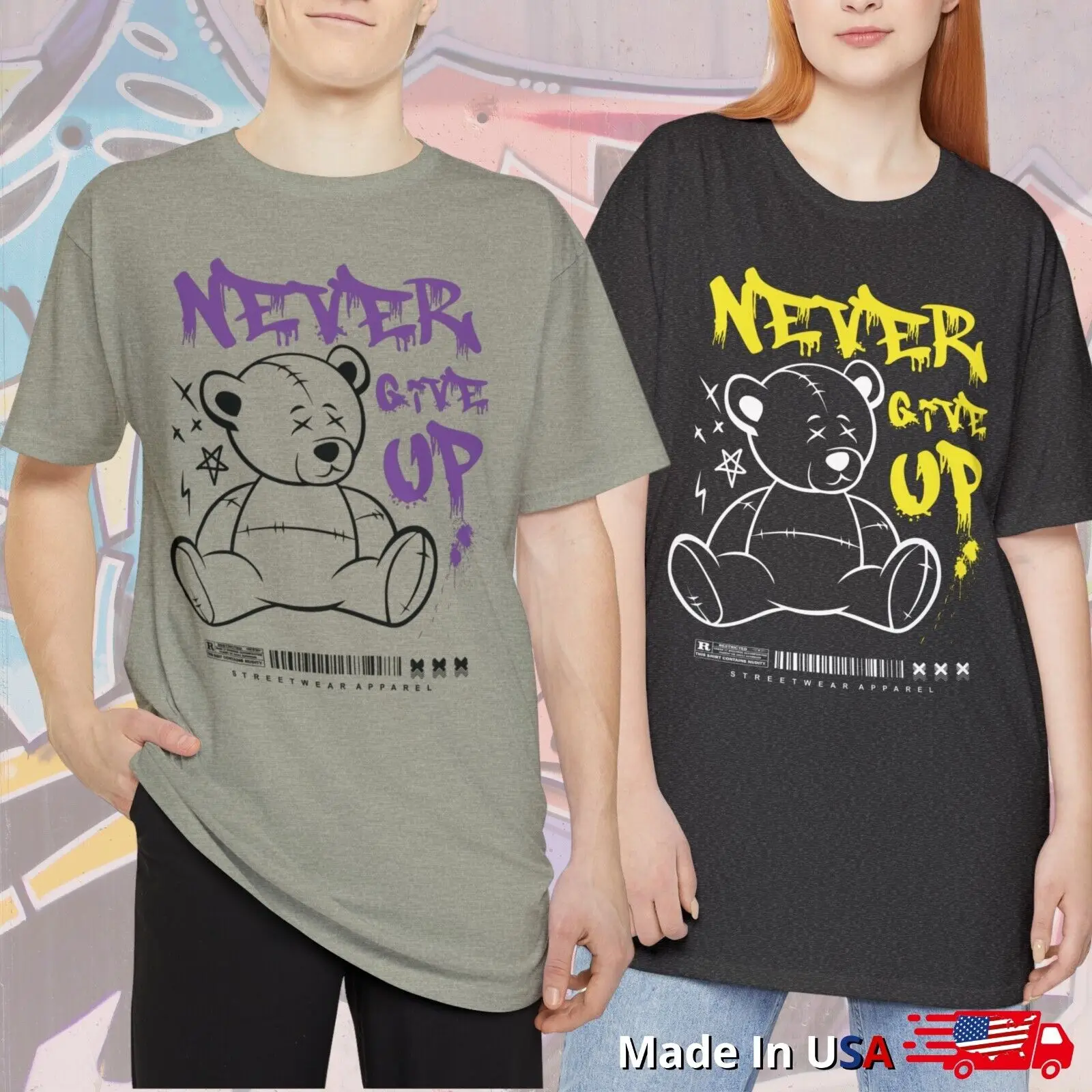 

Never Give Up Long Body T Teddy Bear Streetwear Oversize Urban Tee Apparelshirt