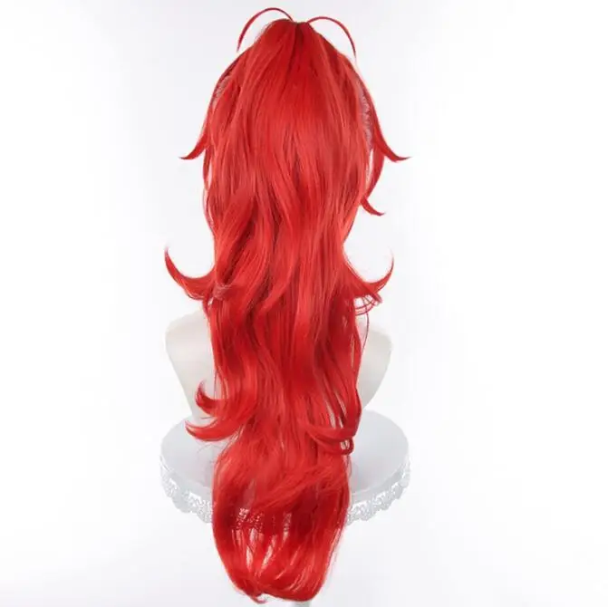 Diluc Ragnvindr Peruca Longa Cosplay com Rabo de Cavalo Alto, Cabelo Sintético, Perucas Game Anime, Resistente ao Calor, Vermelho