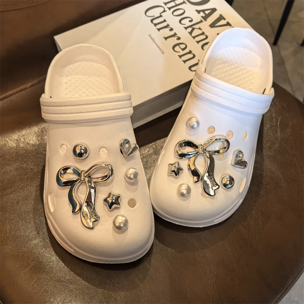 Clog Charm Silver Bow Premium Detachable Slipper Decoration Buckle Trendy Classic PVC Lightweight Durable for Women Girls Daily