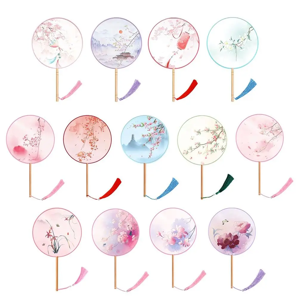 Half Transparent Ancient Style Fan Long Handle Ink Painting Dance Fan Small Round Silk Embroidered Round Hand Fan Home Decor
