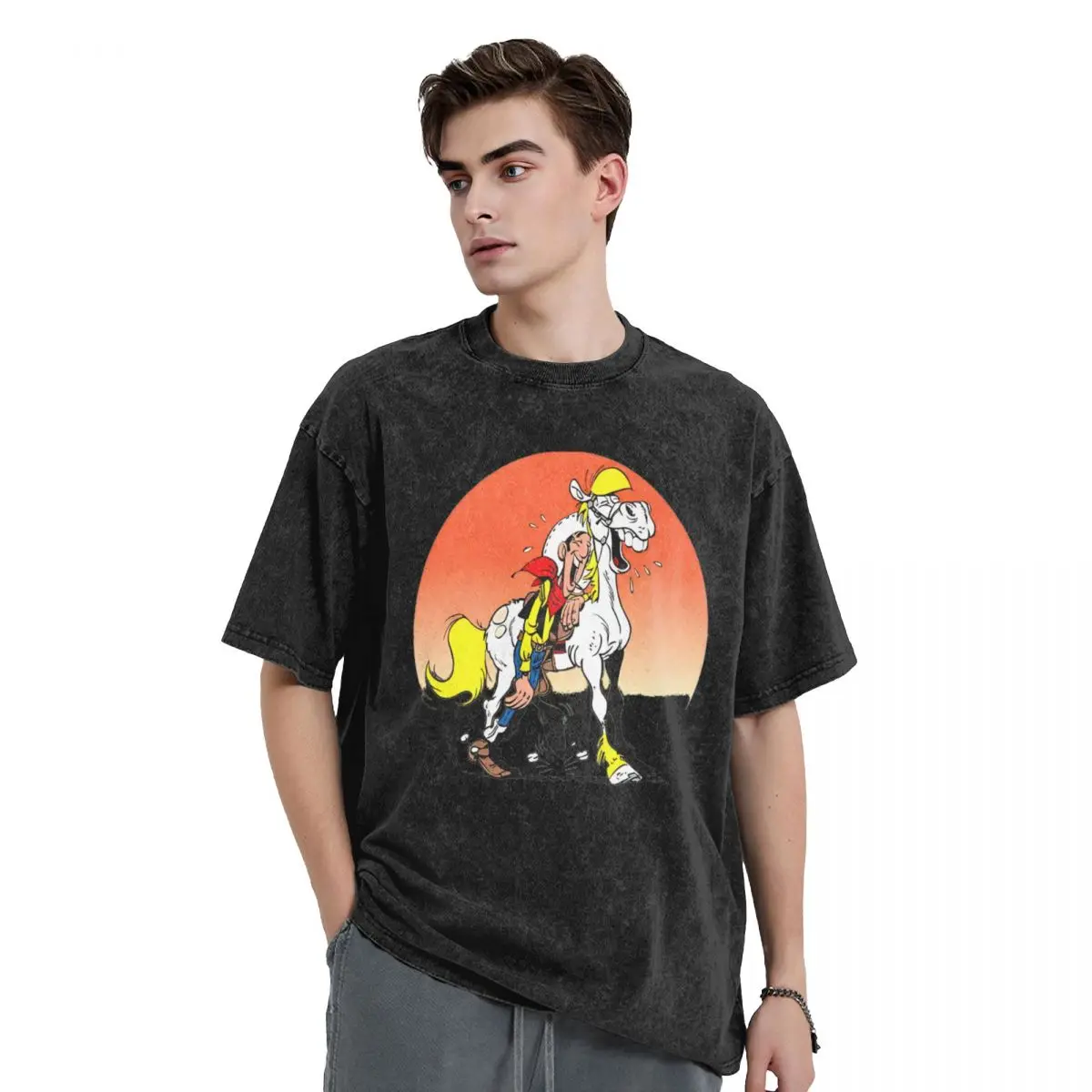 Funny Lucky Luke Cowboy T Shirts Washed Short Sleeve T-Shirts Dalton Brothers Comics Men Women Tops Streetwear Summer Tee Shirt