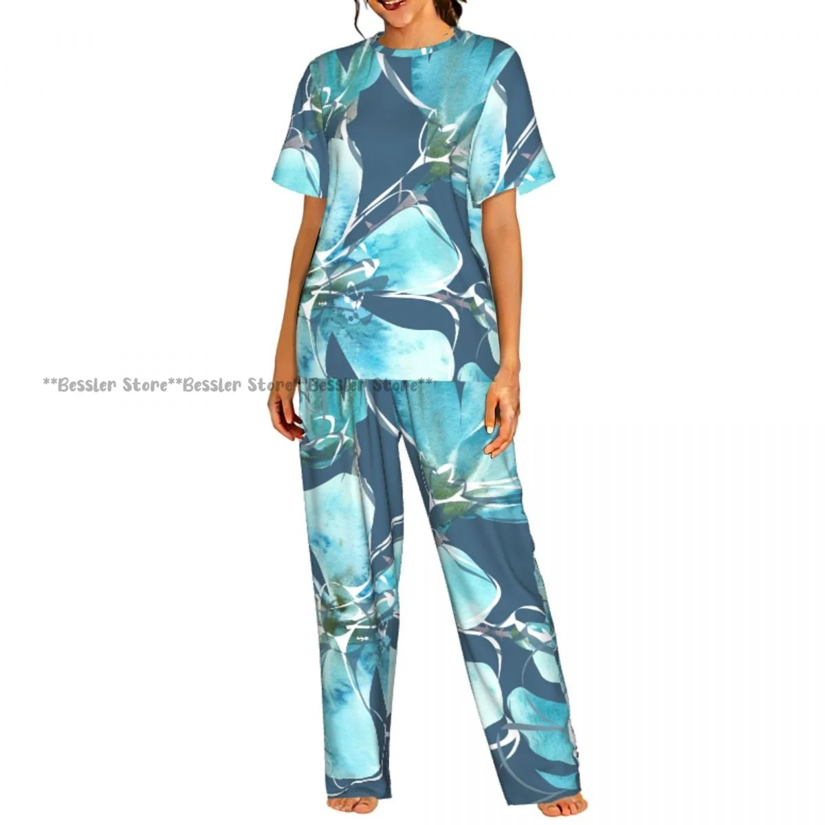 Women's Watercolor Floral Teal short sleeve trousers casual pajamas set