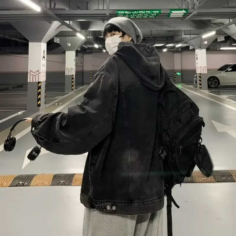 American Vintage Washed Black Denim Hoodie Men's Korean Fashion High Street Oversize Loose Hooded Coat Jacket Y2k Men Clothing