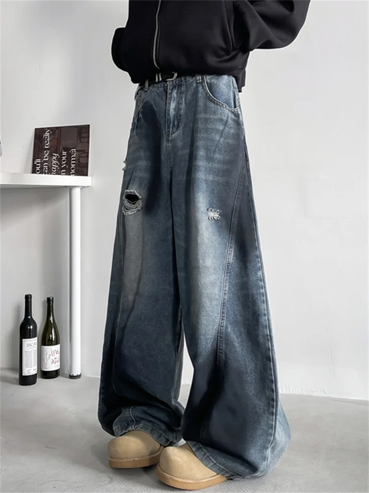 

Loose Men's Jeans High Waist Wide Leg Casual Trousers Couple's Floor-Length Doodle Splatter Ink Hole Knife Jeans
