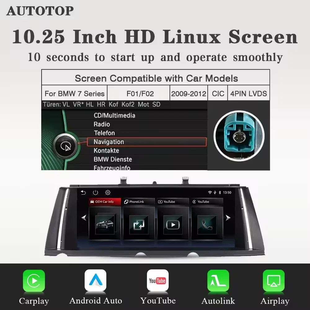 10.25“ Draadloze CarPlay Android Auto Auto Multimedia Speler voor BMW 7 Serie F01 F02 F03 F04 CIC NBT voor YouTube BT GPS Radio