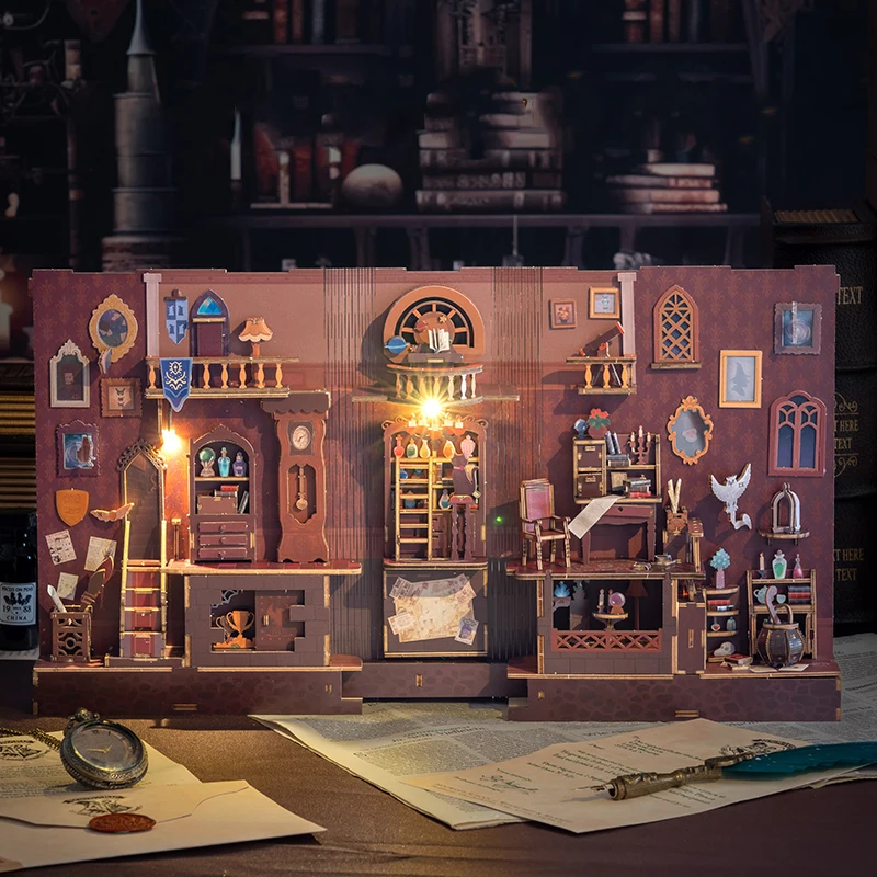 Kit de inserción de estante de rincón de libros de madera DIY, sujetalibros de escenario mágico, Kits de modelos en miniatura con luces, estantería para amigos, regalos de cumpleaños