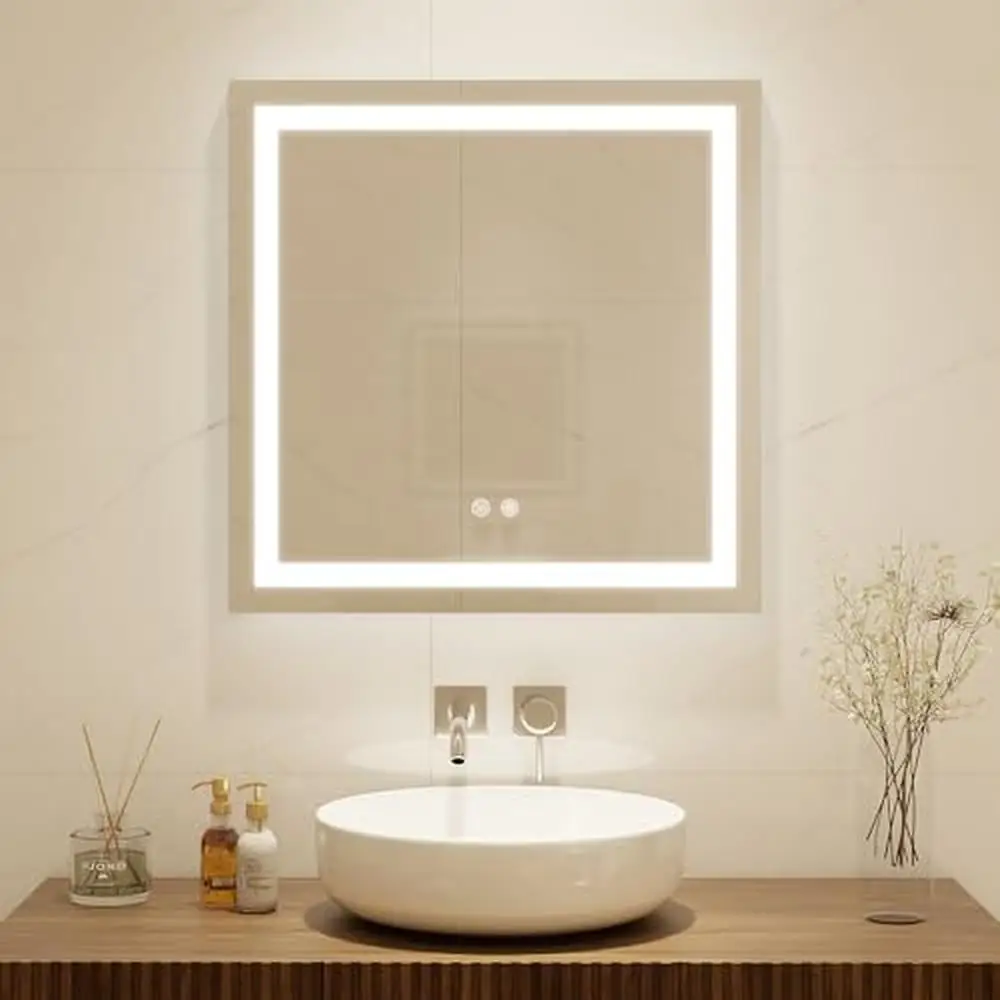 LED Bathroom Vanity Mirror 24x24 Inch Square Wall Mounted Lighted Makeup Mirror Anti-Fog Memory Function 3 Colors Dimmable IP44