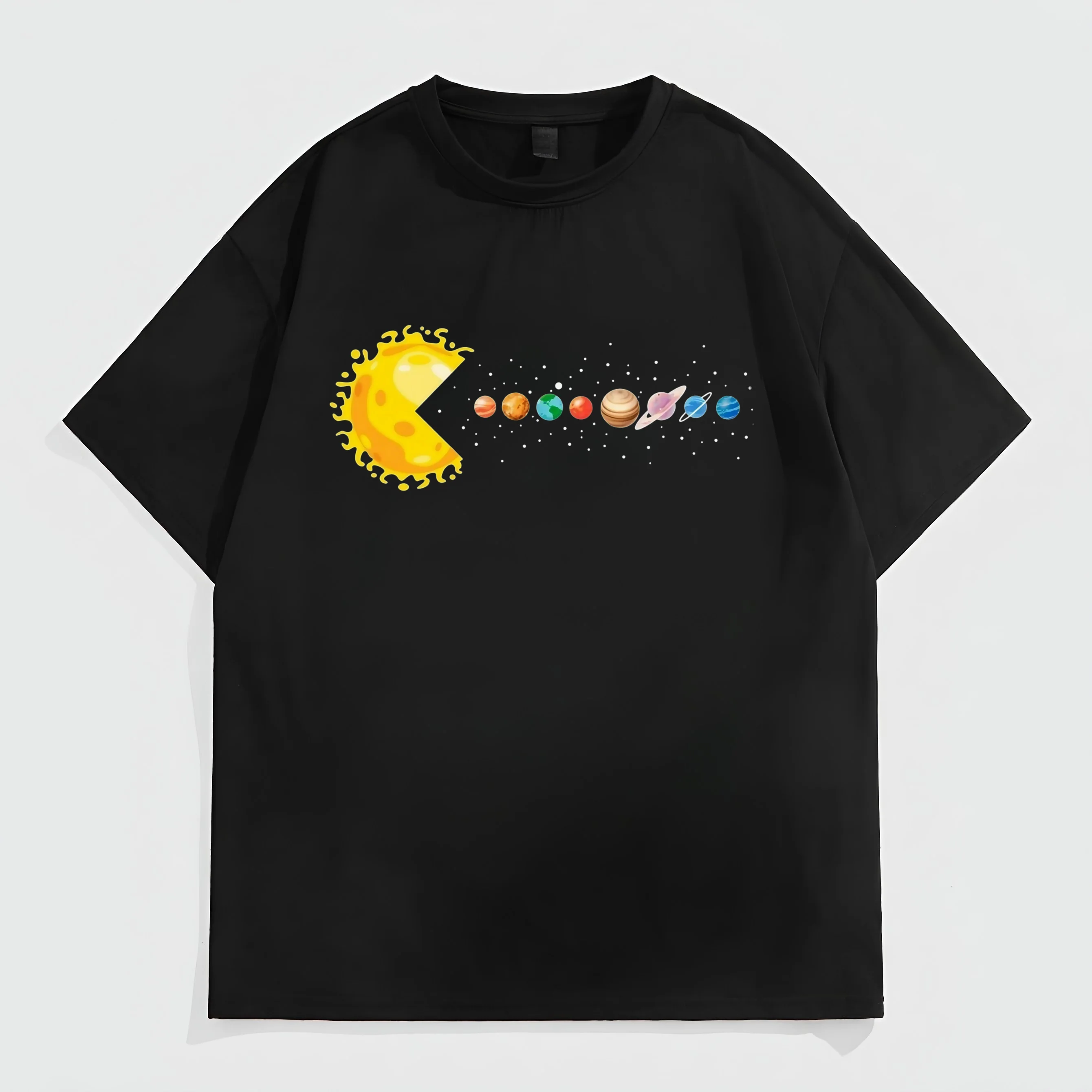 

Teevo Black Short Sleeve T-Shirt with Colorful Planet Pattern for Casual Wear