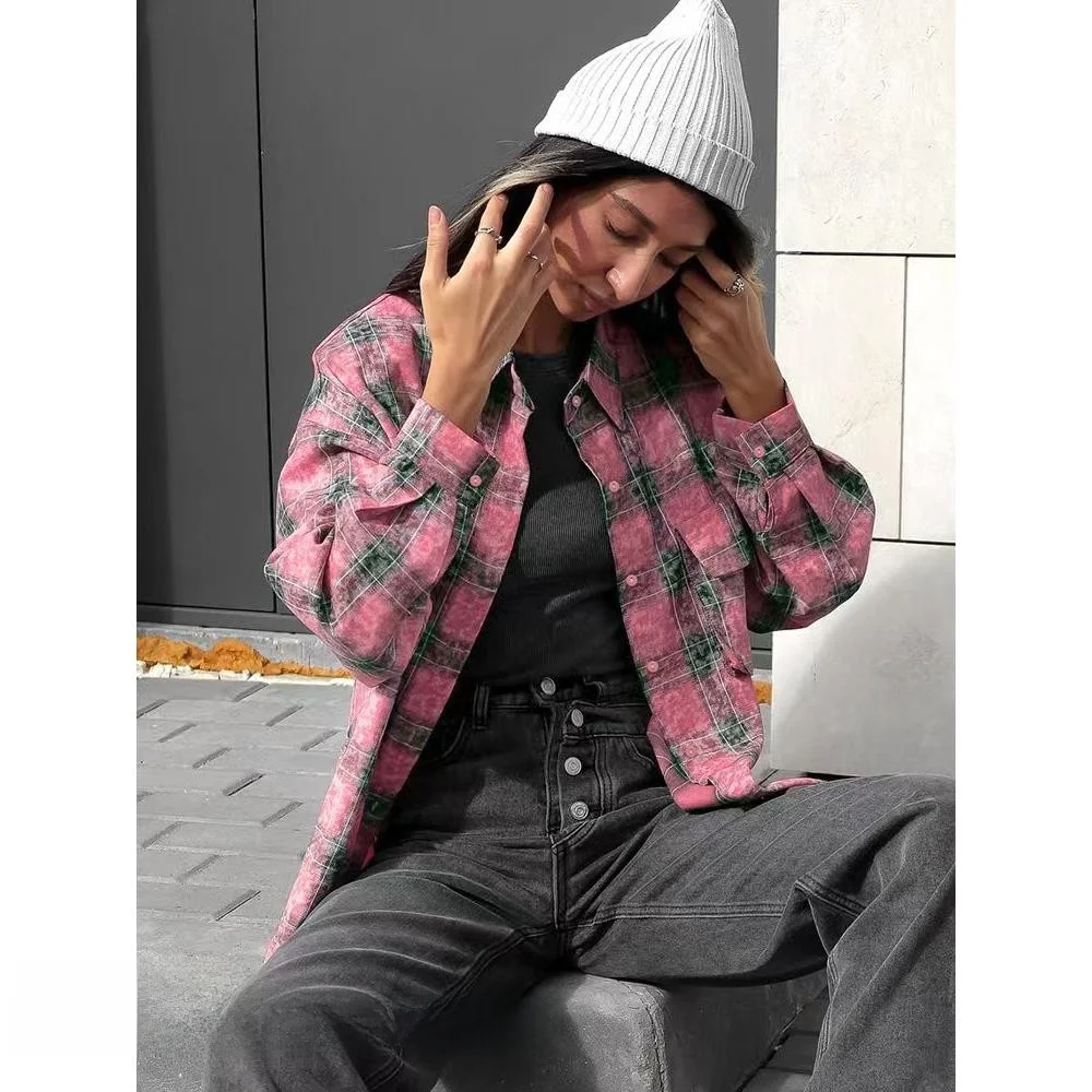 

Waed Plaid Loose Fit Pink irt Turn-down Collar Commute Sle Long Sve Mid-length Cheered Women's Premium Faion