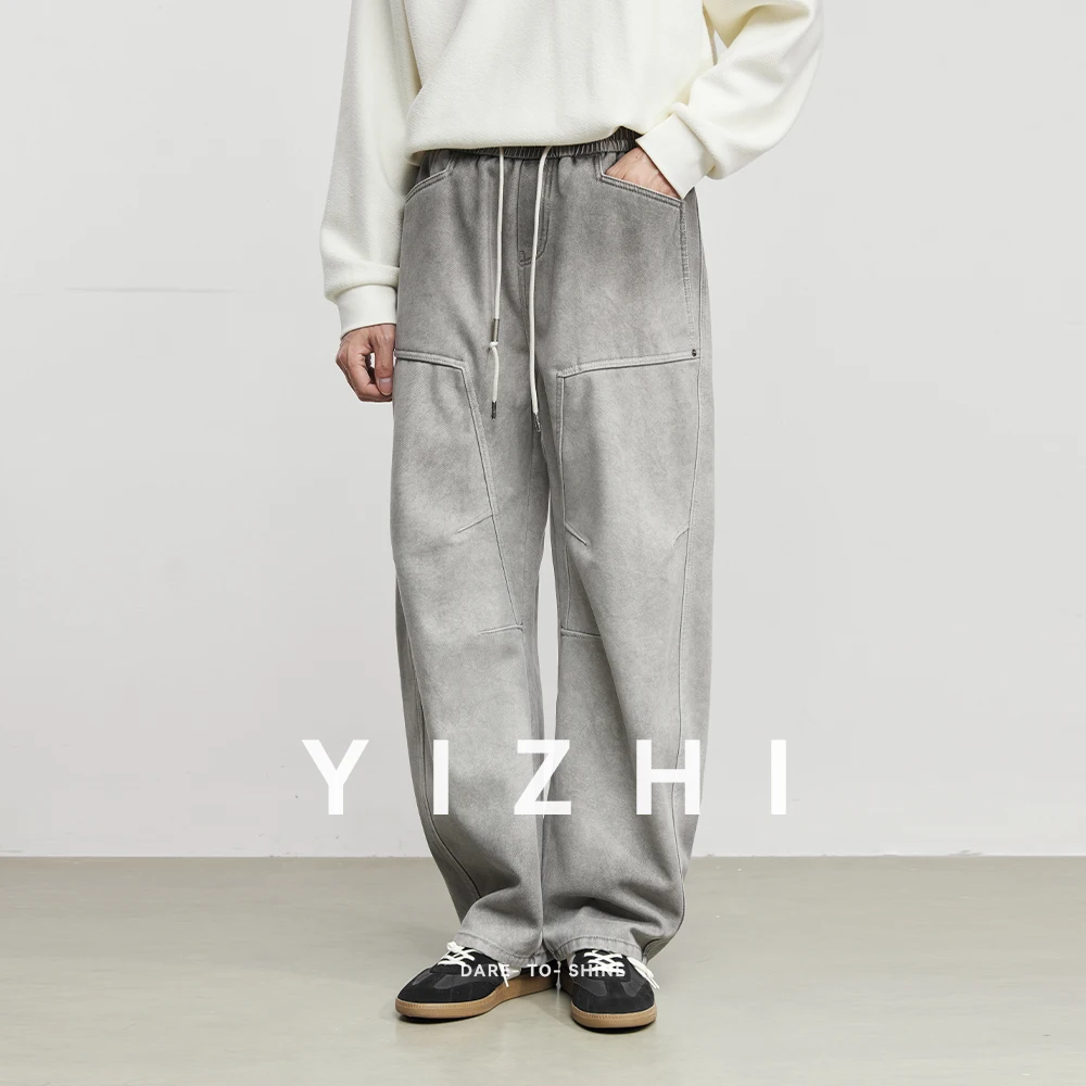 

2025 Winter New Fleece-Lined Curved Blade Pants Elastic Waist Casual Pants Fashion Men's Wide-Leg Jeans Versatile and High-End