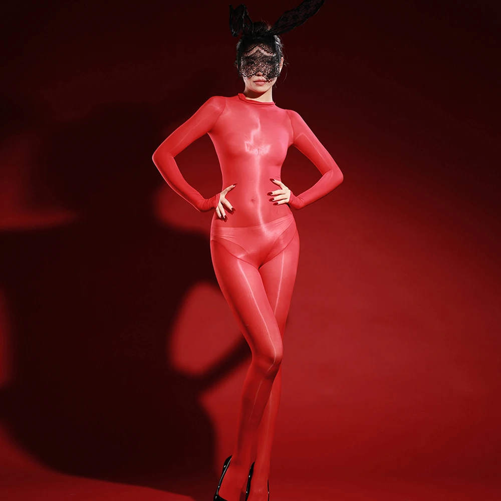 

Sexy Women Stain Oil Shiny Elastic Bodysuit Shapping Romper One-piece Thong Silky Tights Jumpsuits 8D 912Pin Maid Leotard