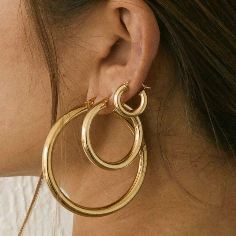 eManco Stainless Steel Earring Buckles Women Fashion Gold Color Large Circle Hoop Earrings Jewelry Accessories 24/30/50MM