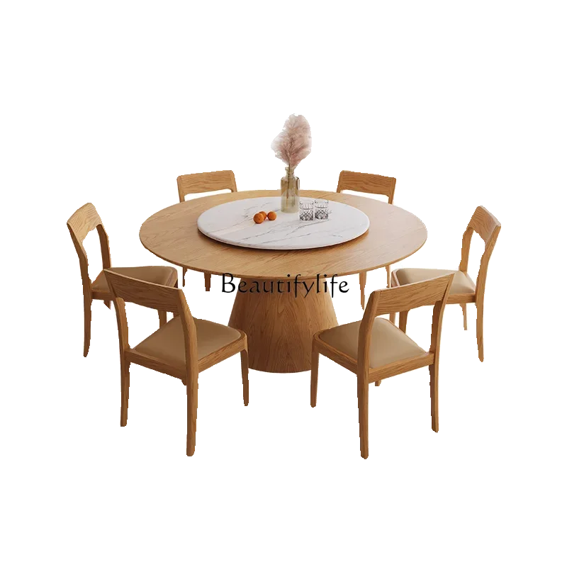 Ash wood round table with turntable Nordic simple all solid wood dining table round wabi-sabi wind