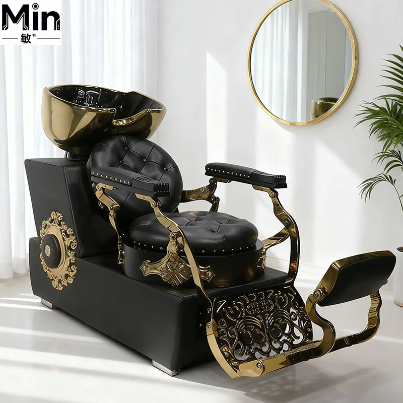 

Classic Black & Gold Shampoo Chair Bed, Luxury Reclining Salon Shampoo Station with Ceramic Basin
