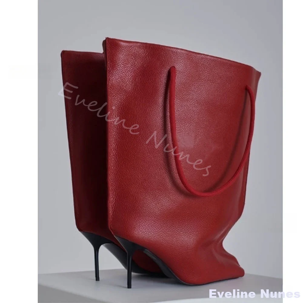 واسعة الساق فضفاضة باليد أحذية طويلة النساء الأحمر الجلود خنجر كعب أشار تو الانزلاق على بنطلون الأحذية السوداء تصميم الأزياء الأحذية #5