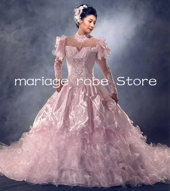 

Vintage 1980s' Pink Princess Wedding Dresses Puffy Fairy Long Sleeve Ruffles Lace-up Corset Bridal Gown Outfit Church customsize