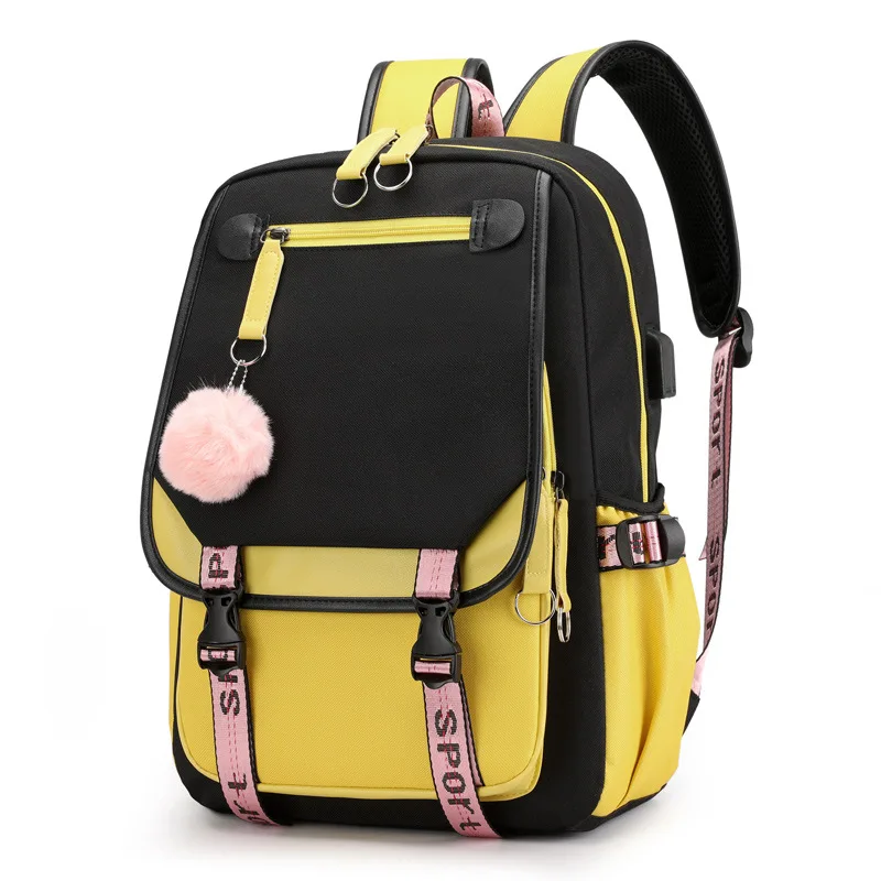 

Backpack for Girls School Bags Kids Canvas Schoolbag Student Book Bag Fashion Pink Yellow Teen School Backpack with USB Port
