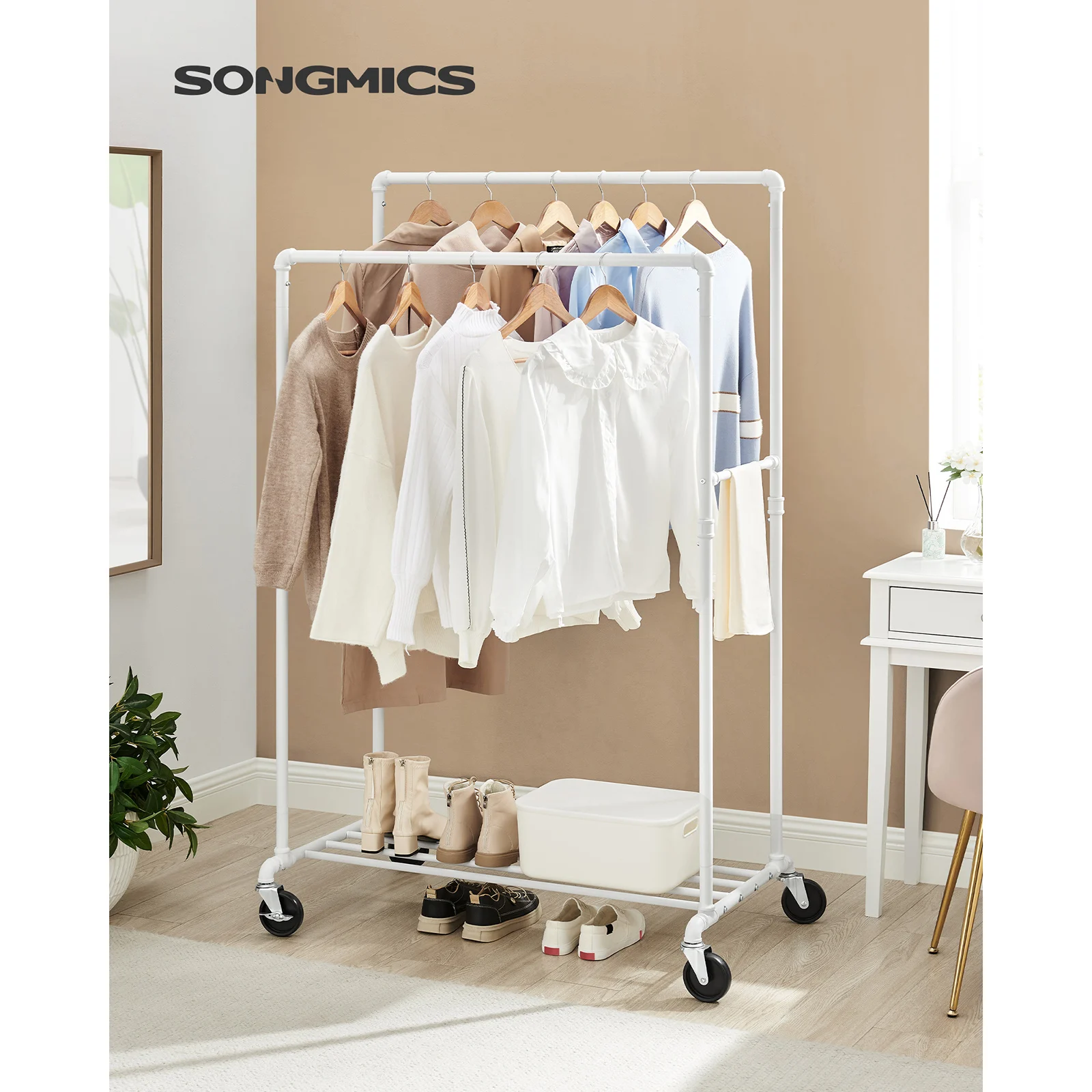 SONGMICS Clothes Rack with 2 Rails, Shelf, Wheels, 110 kg Capacity, Industrial Design, Bedroom/Dressing Room, White