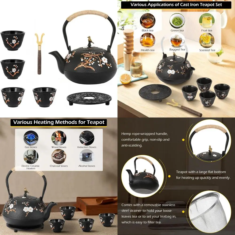 

Японский чугунный чайник 1200 мл с 4 чашками, традиционный чайный сервиз, заварочный в комплекте, идеально подходит для успокаивающего чая