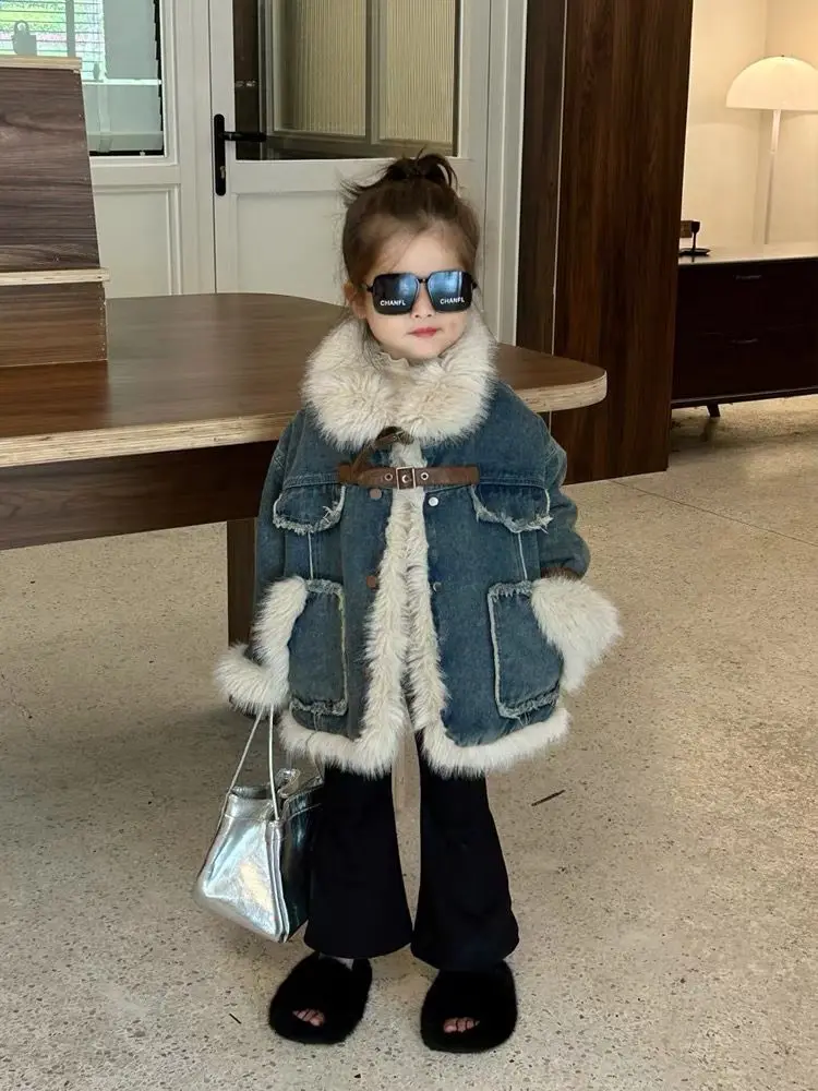 Girls Blue Fur Coat Autumn and Winter 2024 New Korean Version Children Fashion Cashmere Girls Denim Clothes Warm Jacket