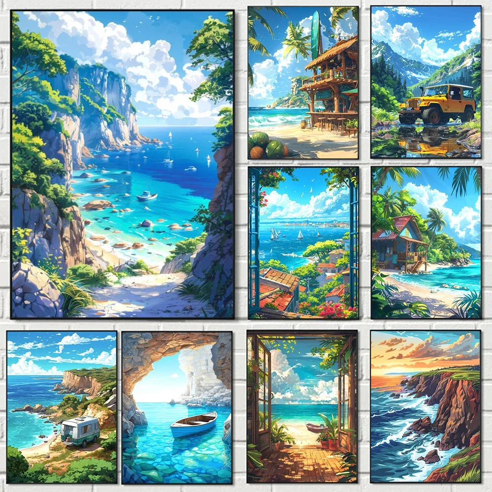 Blue Cabin Beach Forest Canvas Painting Sea Summer Beach Bar Anime Wall Art HD Print Poster For Living Room Modern Home Decor