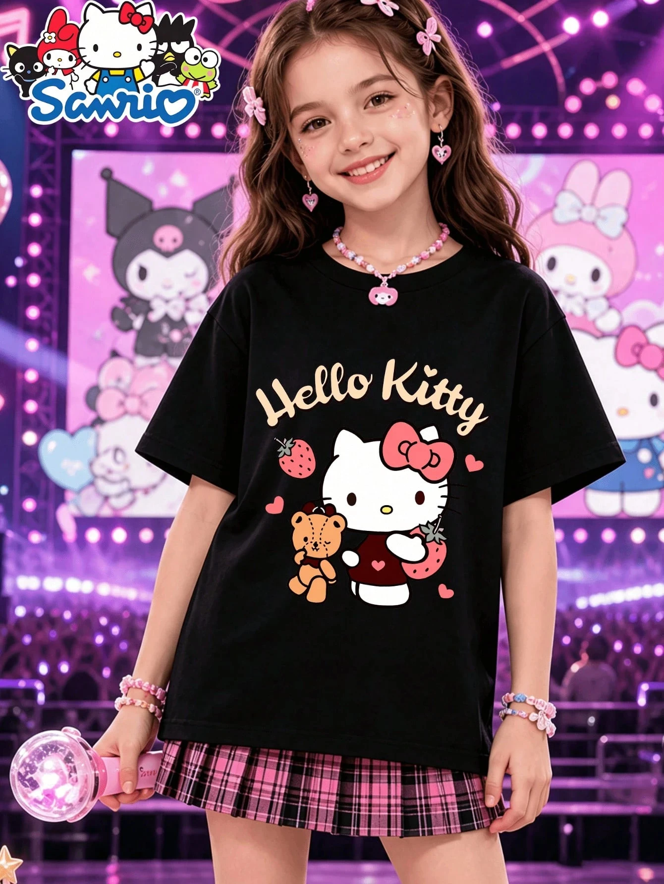 2026 Sanrio Hello Kitty Kids T-shirt Cartoon Bear Strawberry Print Girls Short Sleeve Tee Kawaii Summer Cotton Children Tops