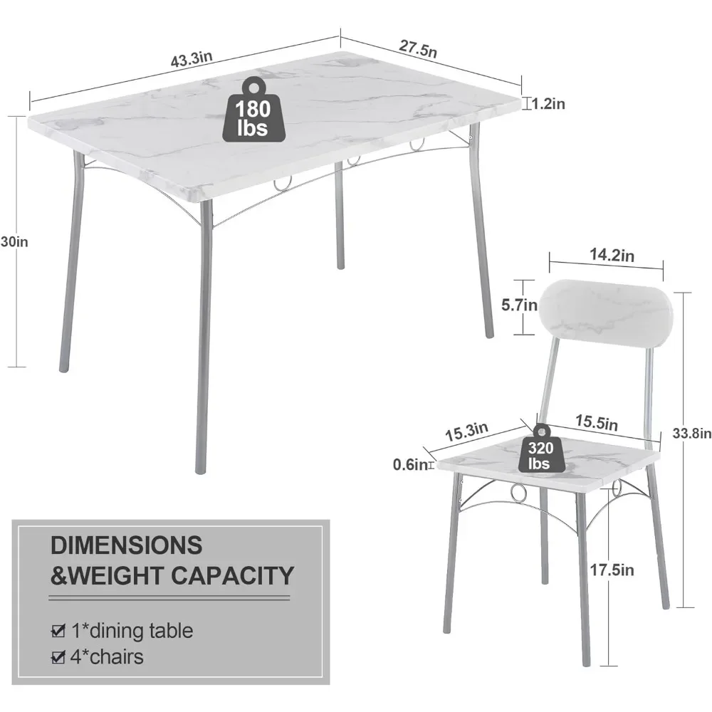 Set tavolo da pranzo per 4 5 pezzi Dinette con sedie per cucina, angolo colazione e piccolo spazio, 43.3 ", bianco