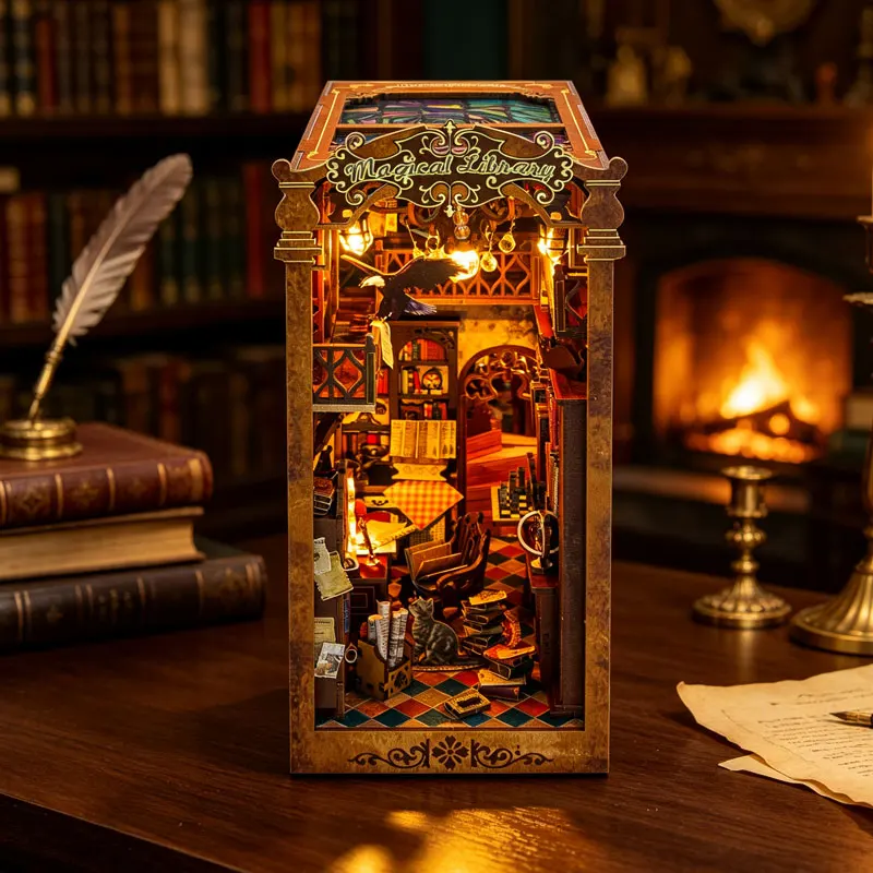 DIY Book Nook Kit Wooden Mini Doll House 3D Puzzle Model Building Bookshelf Insert Retro Booknook Decor For Xmas Birthday Gifts