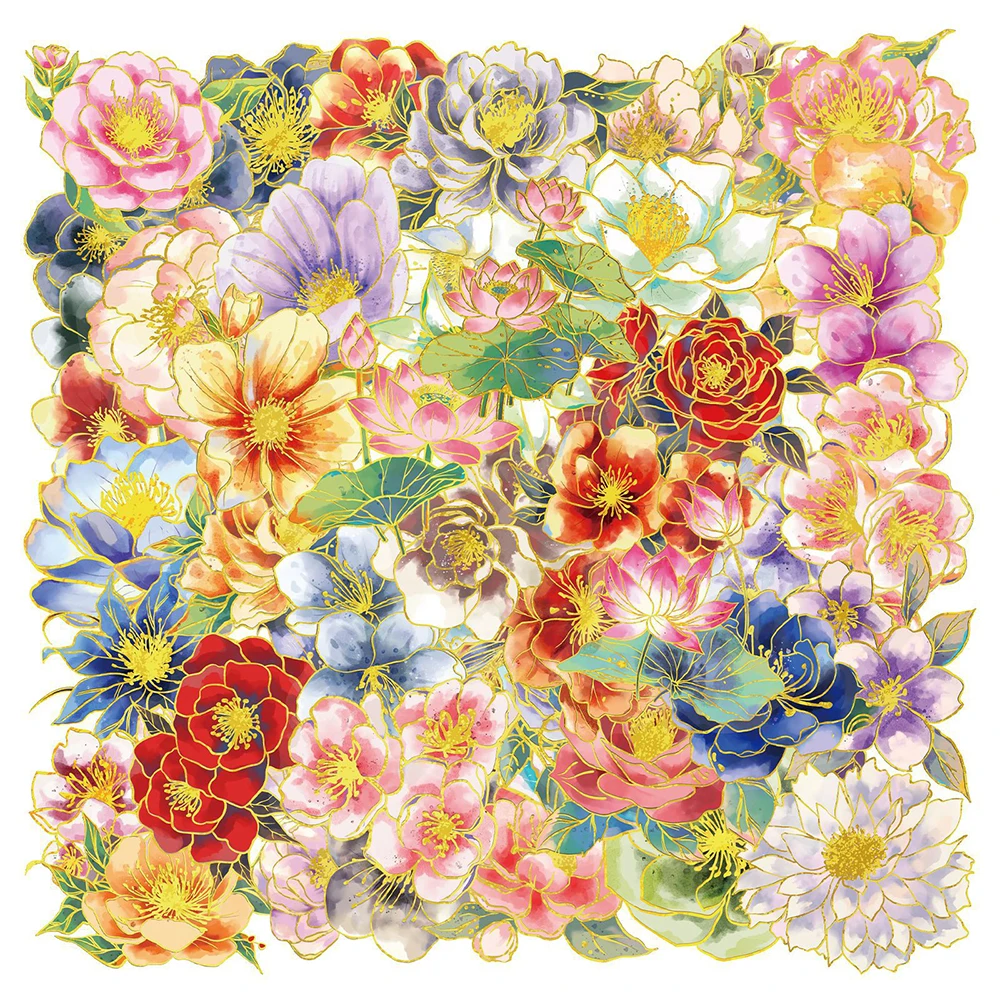 

10/30/50pcs Gold Stamping Transparent Elegant Floral Stickers Cartoon Aesthetic Flowers Sticker DIY Luggage Phone Laptop Decals