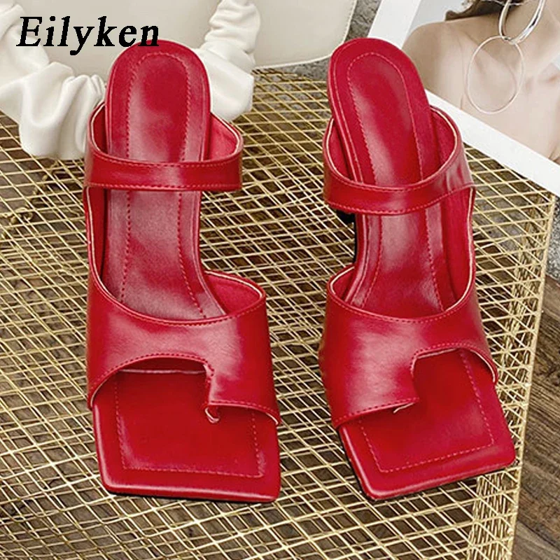 Eilyken New Summer Wedding Party Women Slippers Fashion Square Clip Toe Narrow Band High Heels Slides Female Shoes