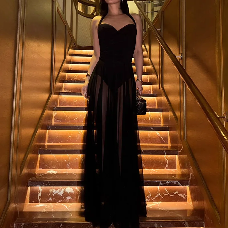 2025 verão novo estilo jennie feminino sexy halter vestido fino ajuste bodycon transparente festa clube wear senhoras tendência outfit