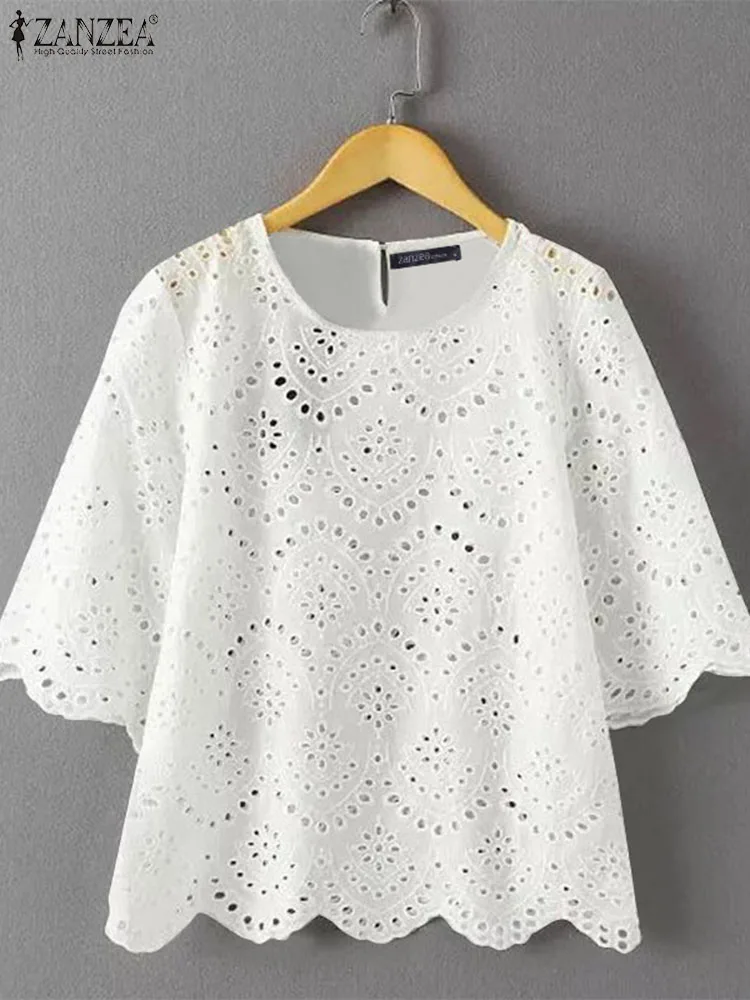 2024 ZANZEA Summer Half Sleeve Floral Embroidery Blouse Women Fashion Loose Holiday Tops Casual Lace Crochet Shirt Solid Blusas