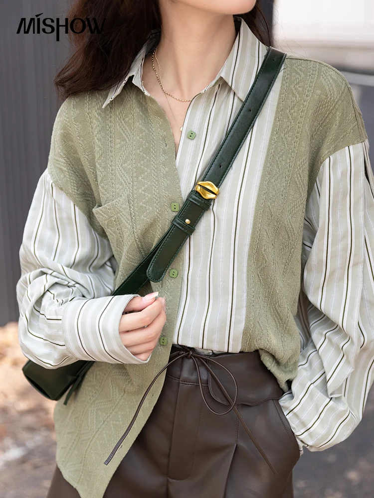 MISHOW Blouses Women Fashion 2024 Autumn Korean Knitted Patchwork Striped Turndown Collar Shirts Casual  Female Tops MXB33C0551