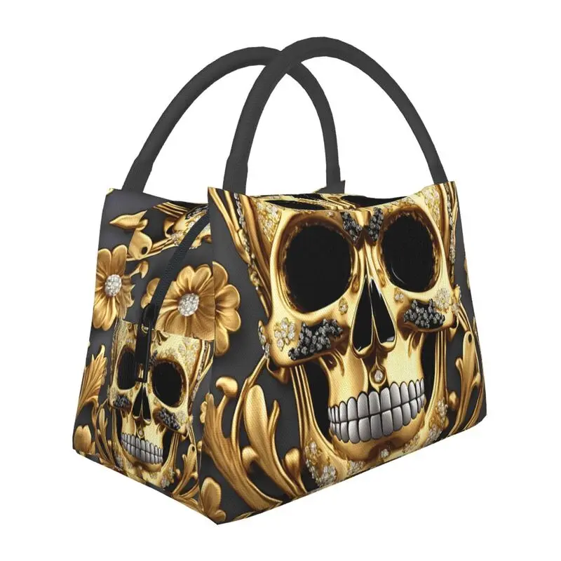 

Skull Baroque 3D Jewelry Rococo Gold Bling Floral Portable Lunch Box Women Leakproof Cooler Thermal Food Insulated Lunch Bag