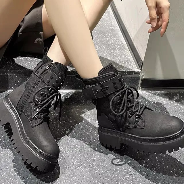 

Black Genuine Leather Boots for Women Thick Bottom Retro Style Cool Work Boots Nail Head Embellished Short Boots
