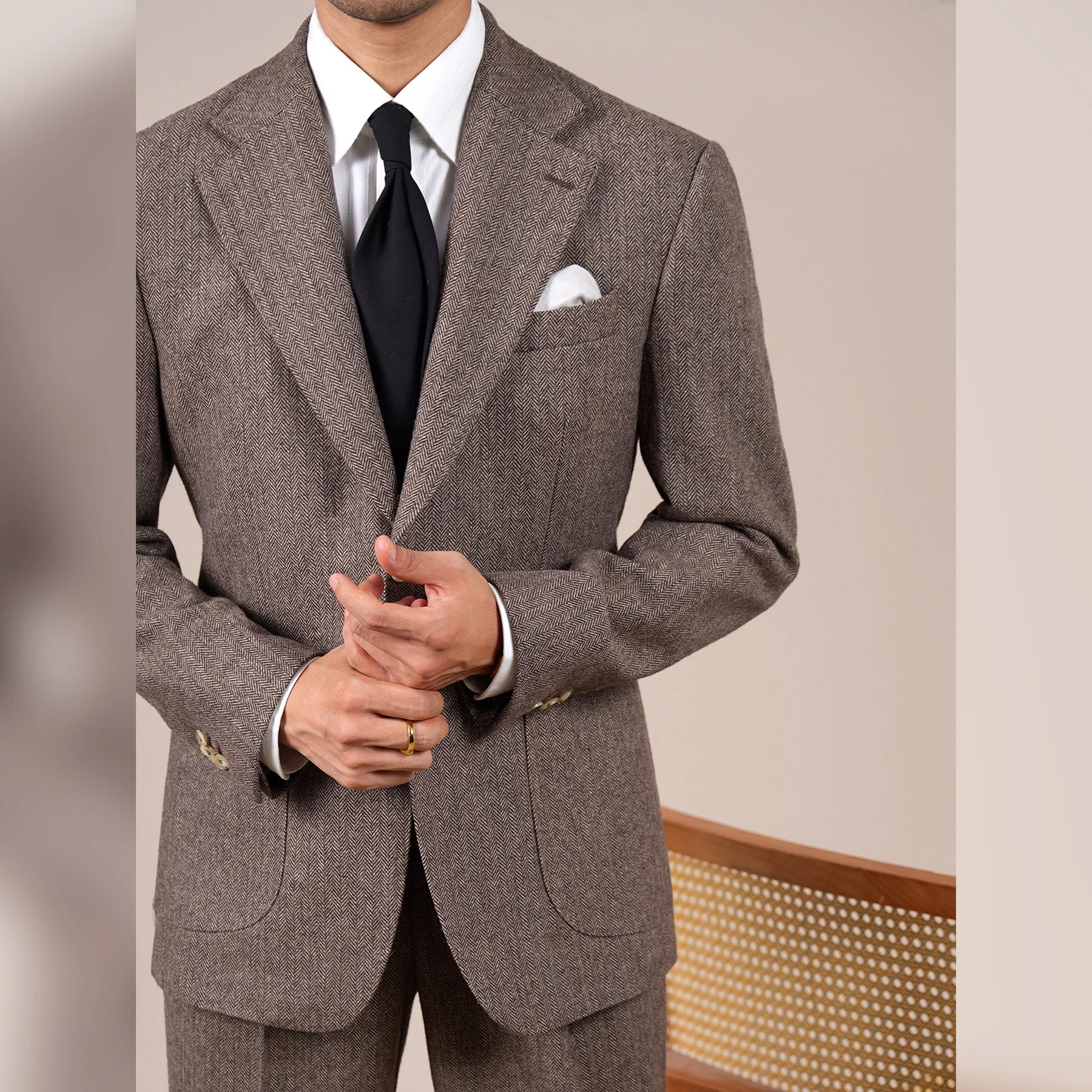 Wool Blend Suit Set For Men Fall Winter Style Notched Lapel Commuter Herringbone Pattern Casual Business Blazer Men Tuxedo Suit