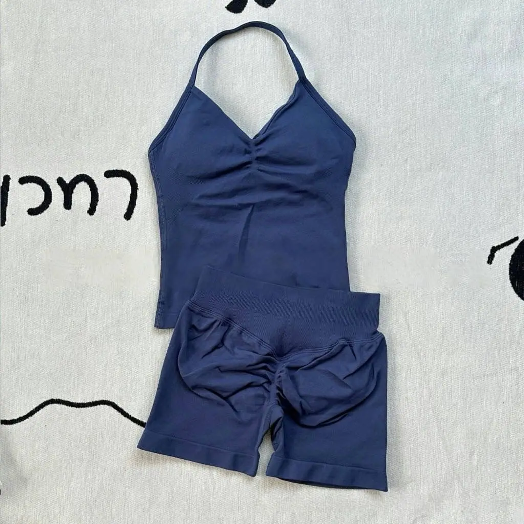Women Gym Suit Clothes Longline Strappy Top Bras Seamless Running Shorts Sports 2 PCs Fitness Suit Running Workout Yoga Set image 6