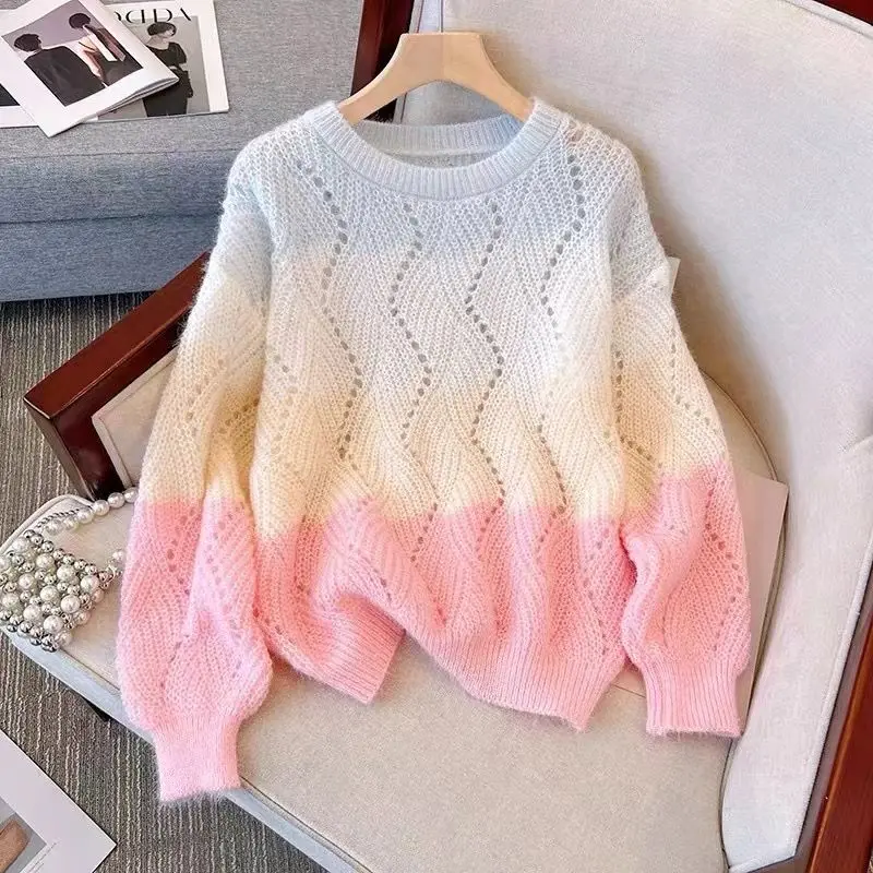 Hollow Out Knitting Pullovers Women Autumn Winter Simplicity Loose O-neck Sweater Sweet All-match Office Lady Knitwear Tops