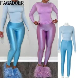 FAGADOER Casual 2 Piece Sets Women Outfit Solid Color Long Sleeve Crop Tops + Silky Leggings Suit Female Streetwear Clothing New