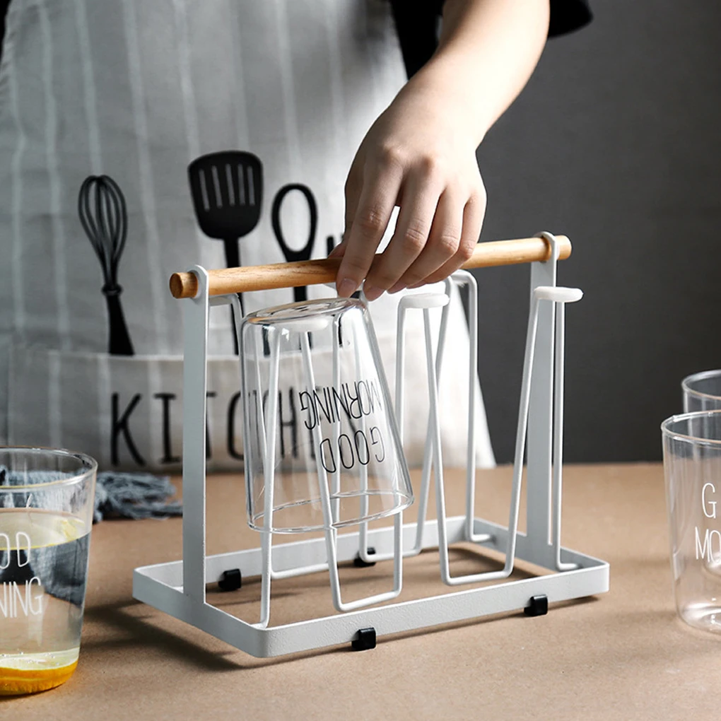 Cup Drainer Wooden Handle Bottle Storage Rack Wine Glass Organizer Brown