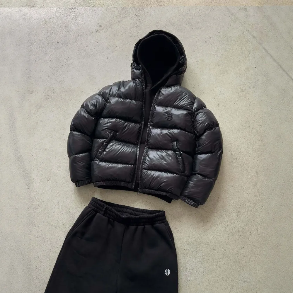 Winter Warm Hooded Puffer Coat Unisex Embroidery Logo Full Zip Black Oversized Streetwear Outerwear